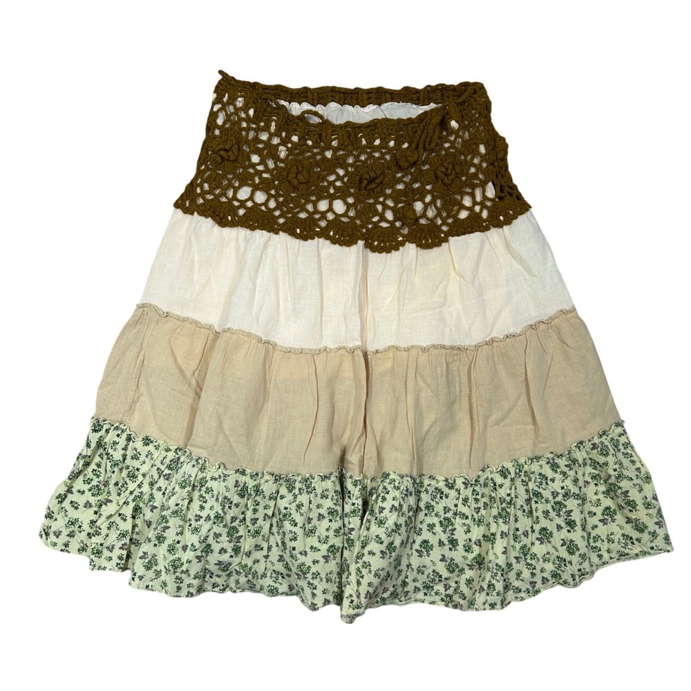 Boho Crochet Waist Tiered Midi Skirt Green Floral Gypsy Fairy Earthy Brown M/L
